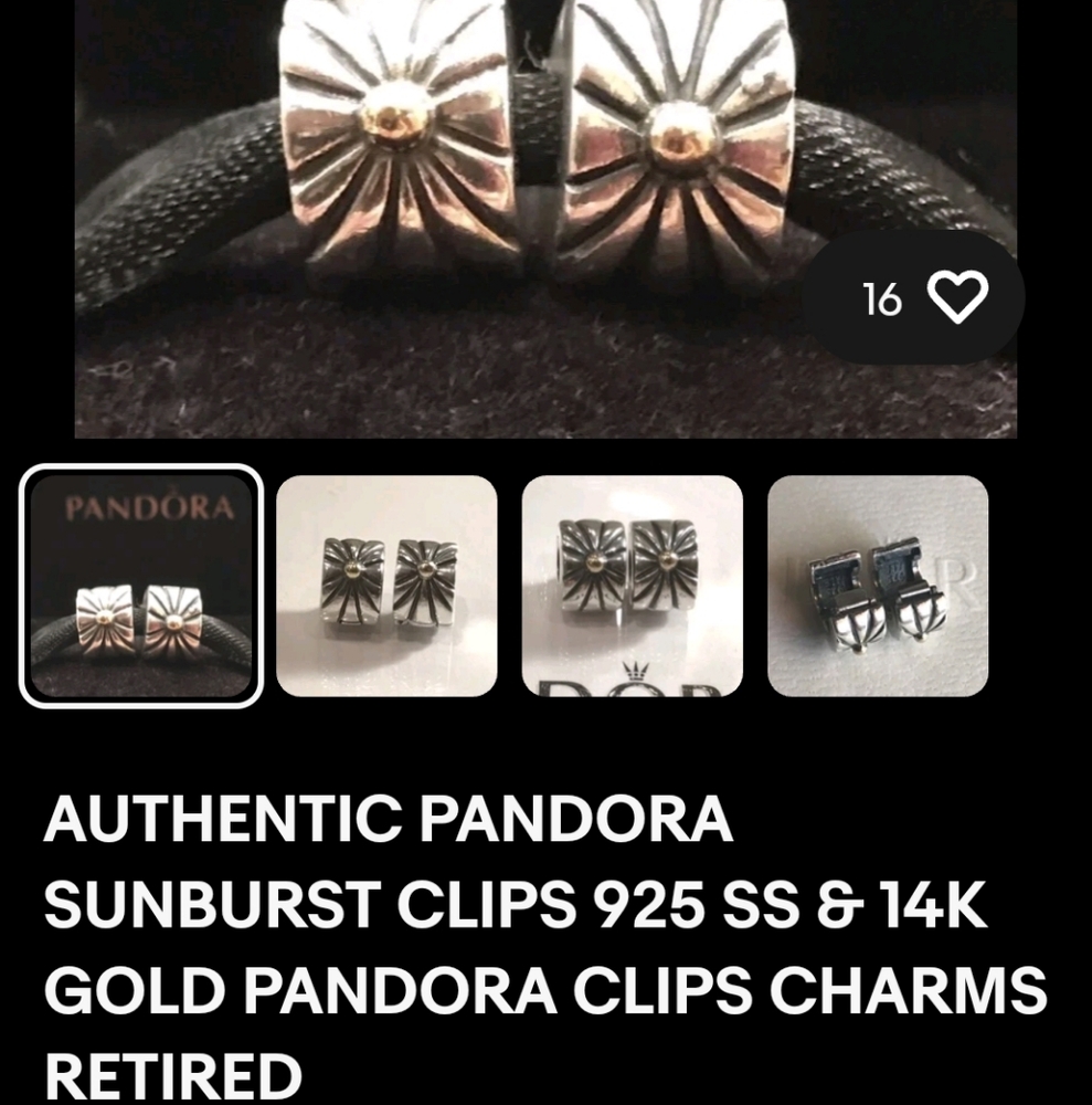 Pandora Sunburst Clips 925 SS & 14K Gold Set Of 2 - Picture 7 of 10